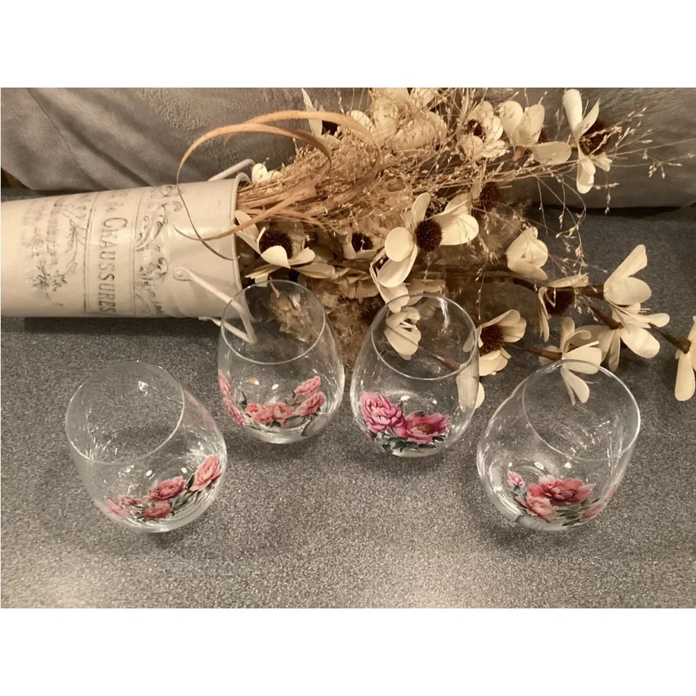 Wine Glasses Stemless Cottagecore Hand Decorated Set Of 4 Floral Peony & Roses